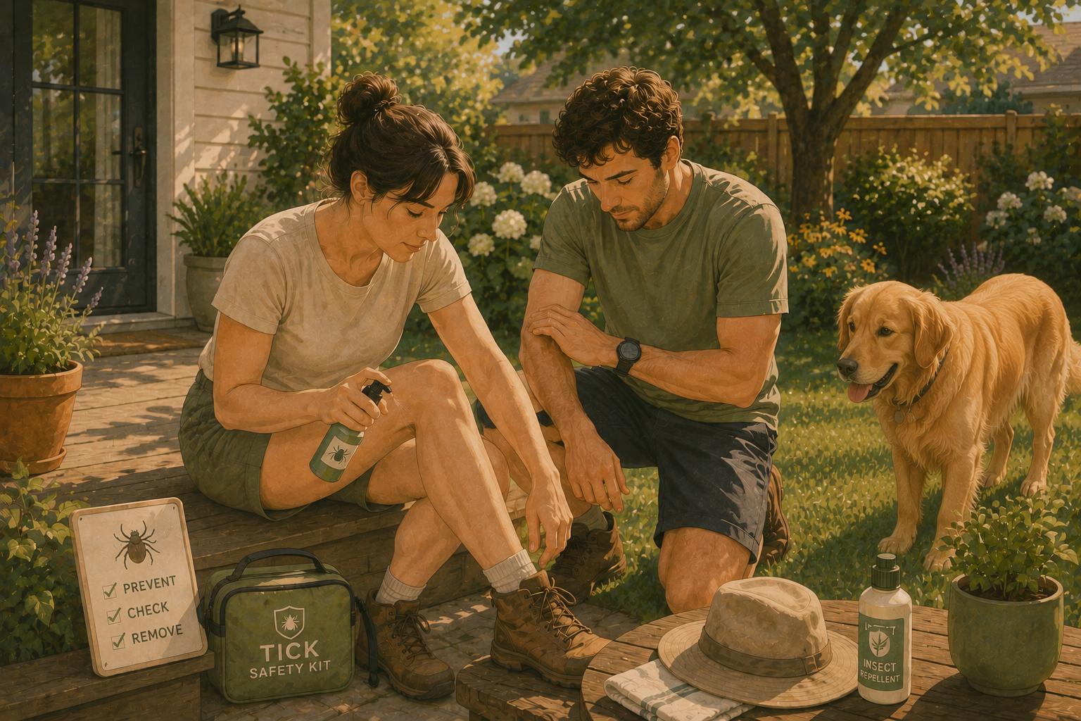 Couple applying tick repellent outdoors