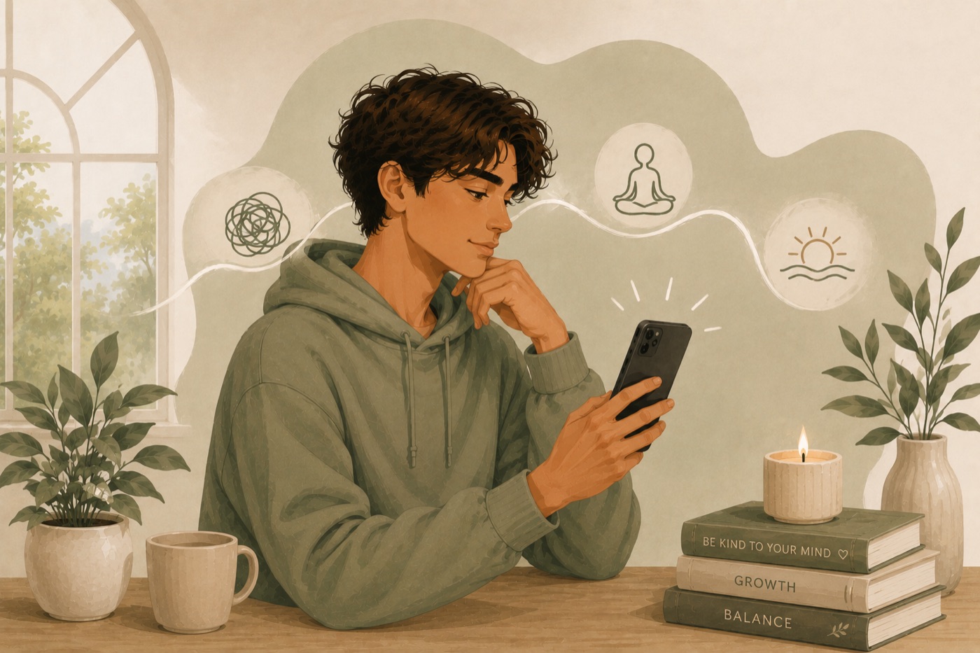 Young man in a green hoodie thoughtfully looking at his phone