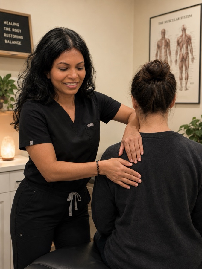 Dr. Nelly examining a patient's shoulder
